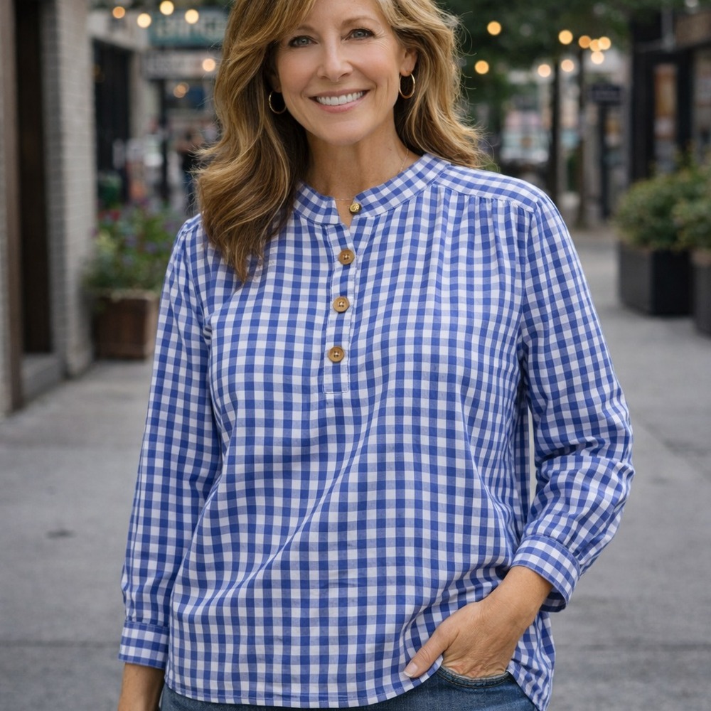 J. Peterman Popover Shirt Womens XS Blue Gingham Cotton Pleated Mandarin Collar